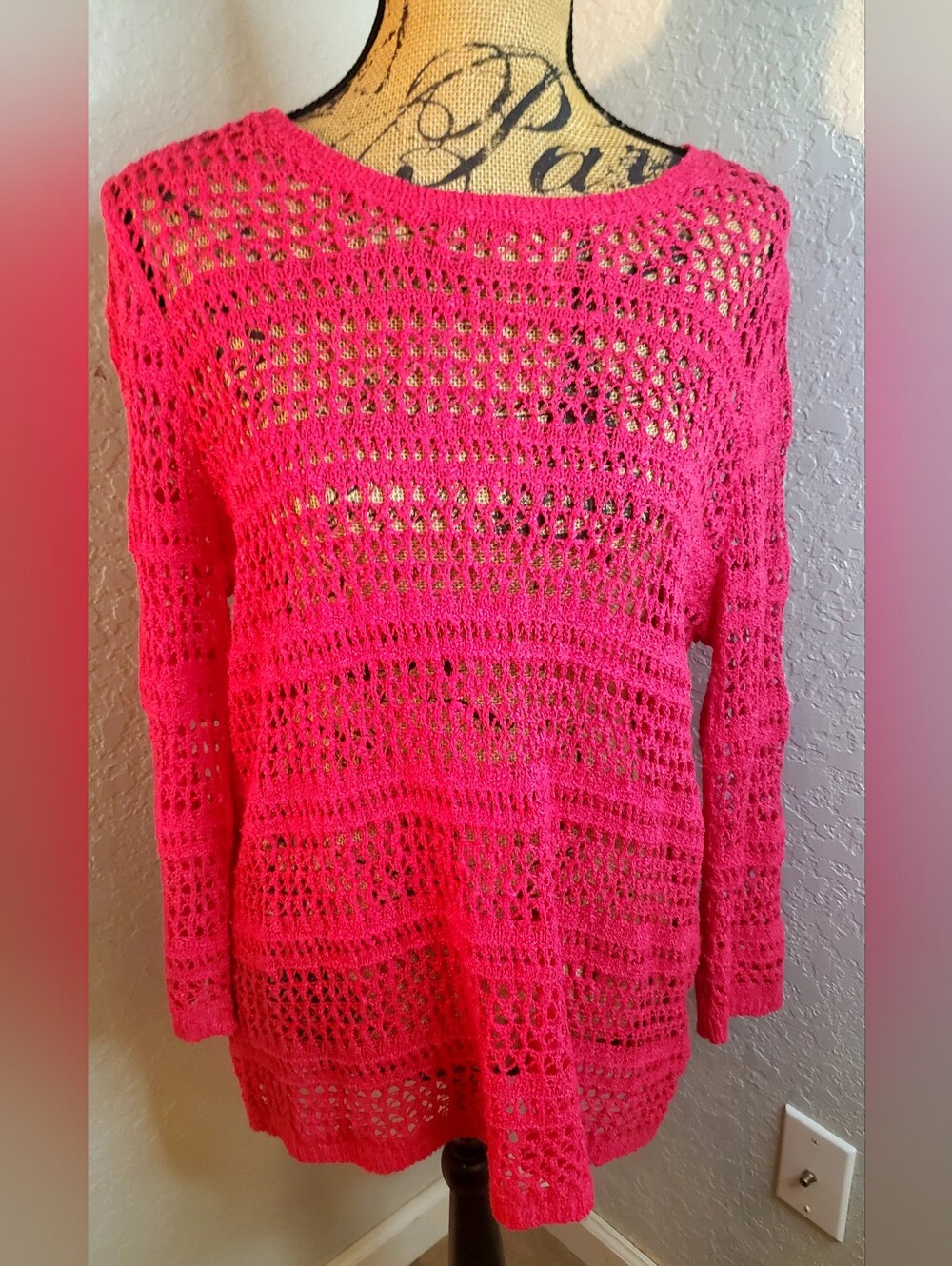dressbarn Hot Pink Open-Knit Crew Neck Sweater